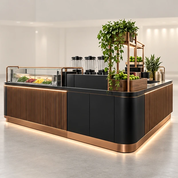 Modular Smoothie Kiosk with Expandable Cold-Prep Bays opposite angle showing its complete footprint and display layout