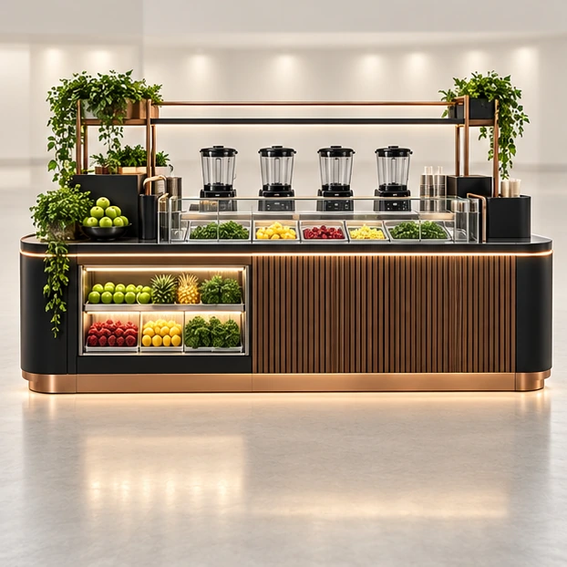 Modular Smoothie Kiosk with Expandable Cold-Prep Bays customer-facing service and display view