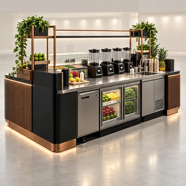 Modular Smoothie Kiosk with Expandable Cold-Prep Bays operator-side equipment, access, and storage view