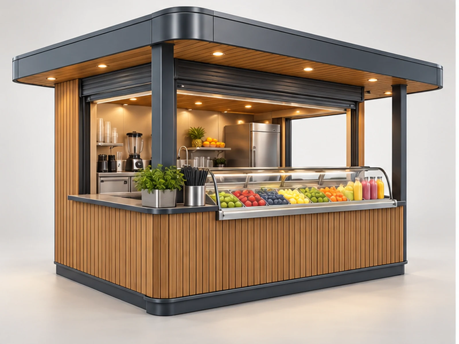 Outdoor Smoothie Kiosk with Weatherproof Canopy customer-facing display and service counter