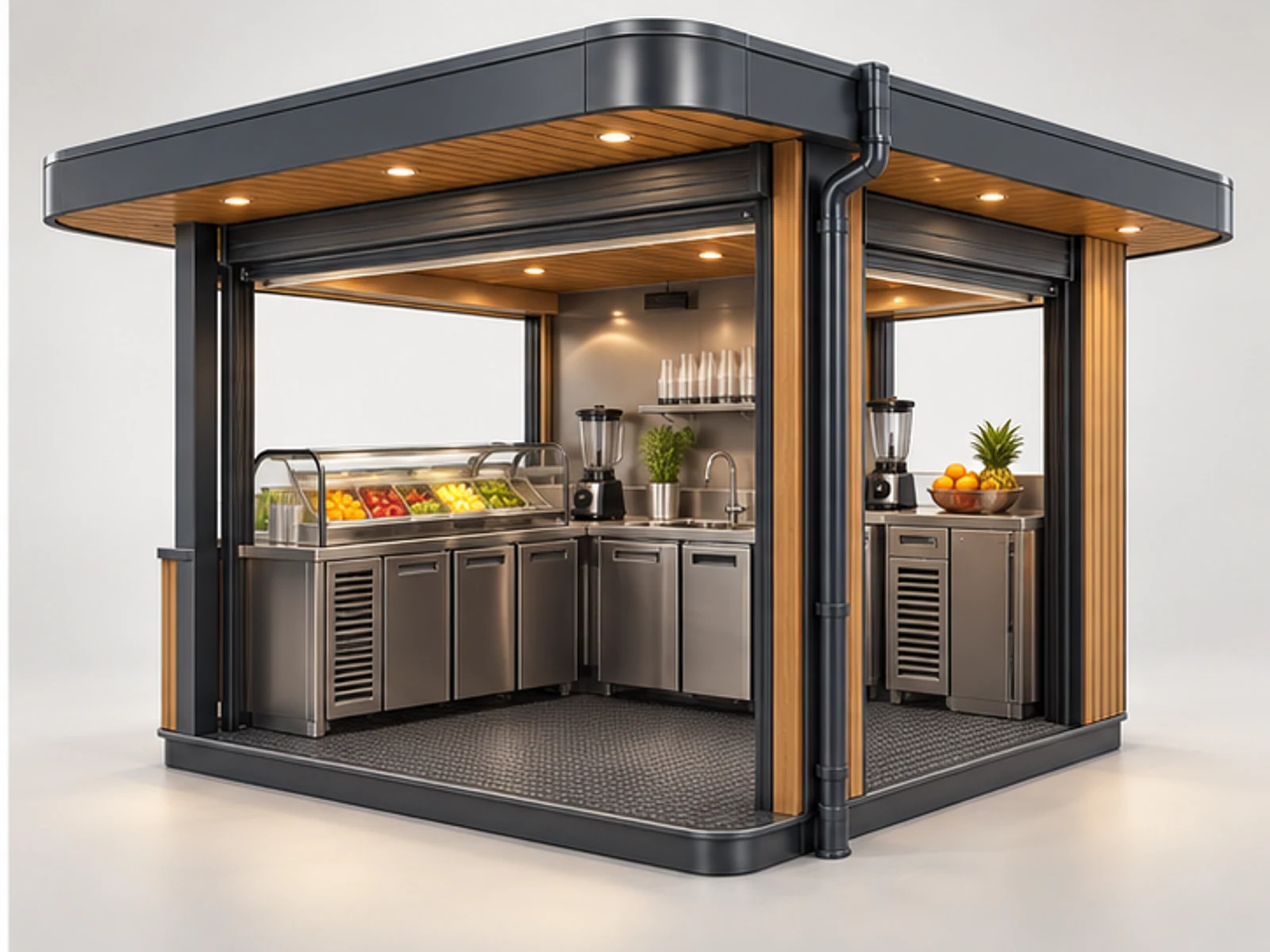 Outdoor Smoothie Kiosk with Weatherproof Canopy staff-side equipment and storage layout