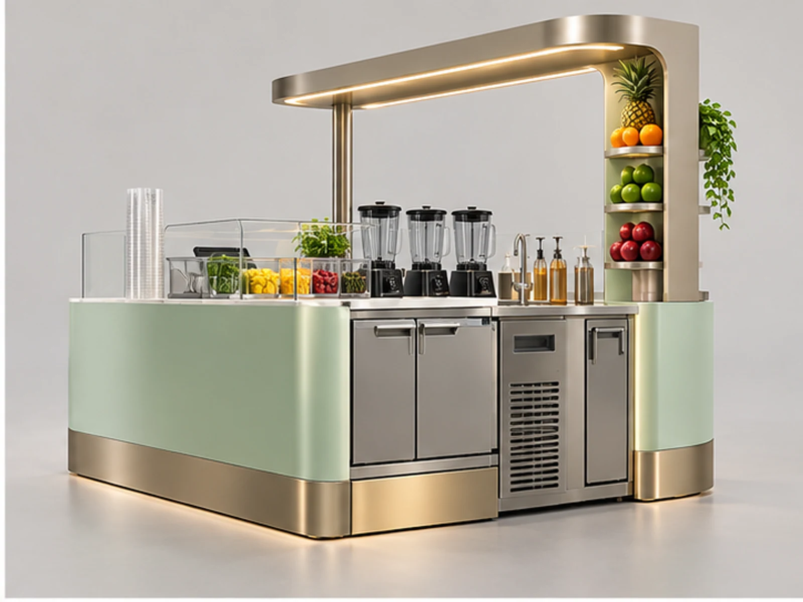 Premium Smoothie Kiosk with Fresh Fruit Display opposite angle showing overall kiosk layout