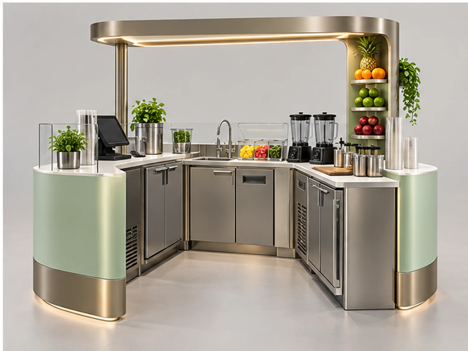 Premium Smoothie Kiosk with Fresh Fruit Display staff-side equipment and storage layout