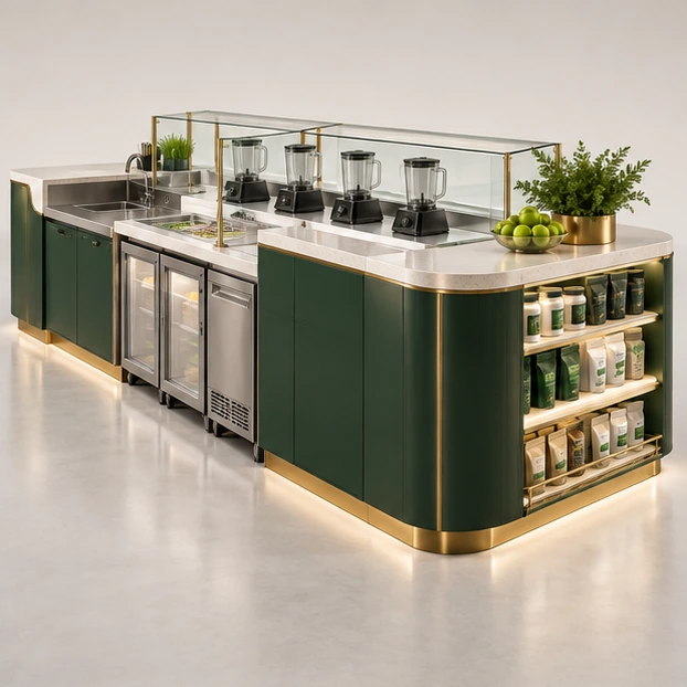Protein Smoothie Kiosk with Supplement Display Shelves opposite angle showing its complete footprint and display layout