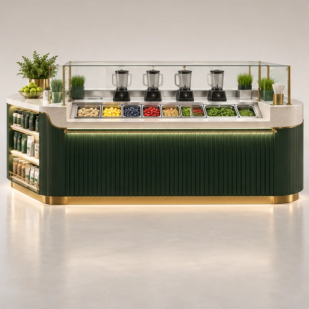 Protein Smoothie Kiosk with Supplement Display Shelves customer-facing service and display view