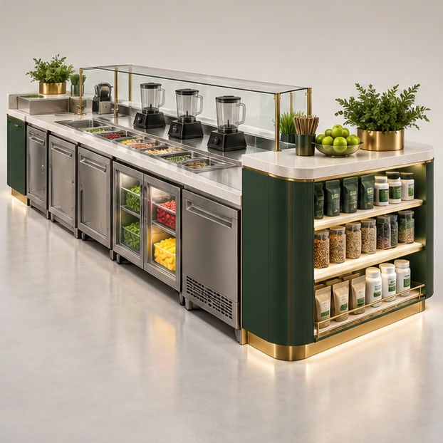 Protein Smoothie Kiosk with Supplement Display Shelves operator-side equipment, access, and storage view