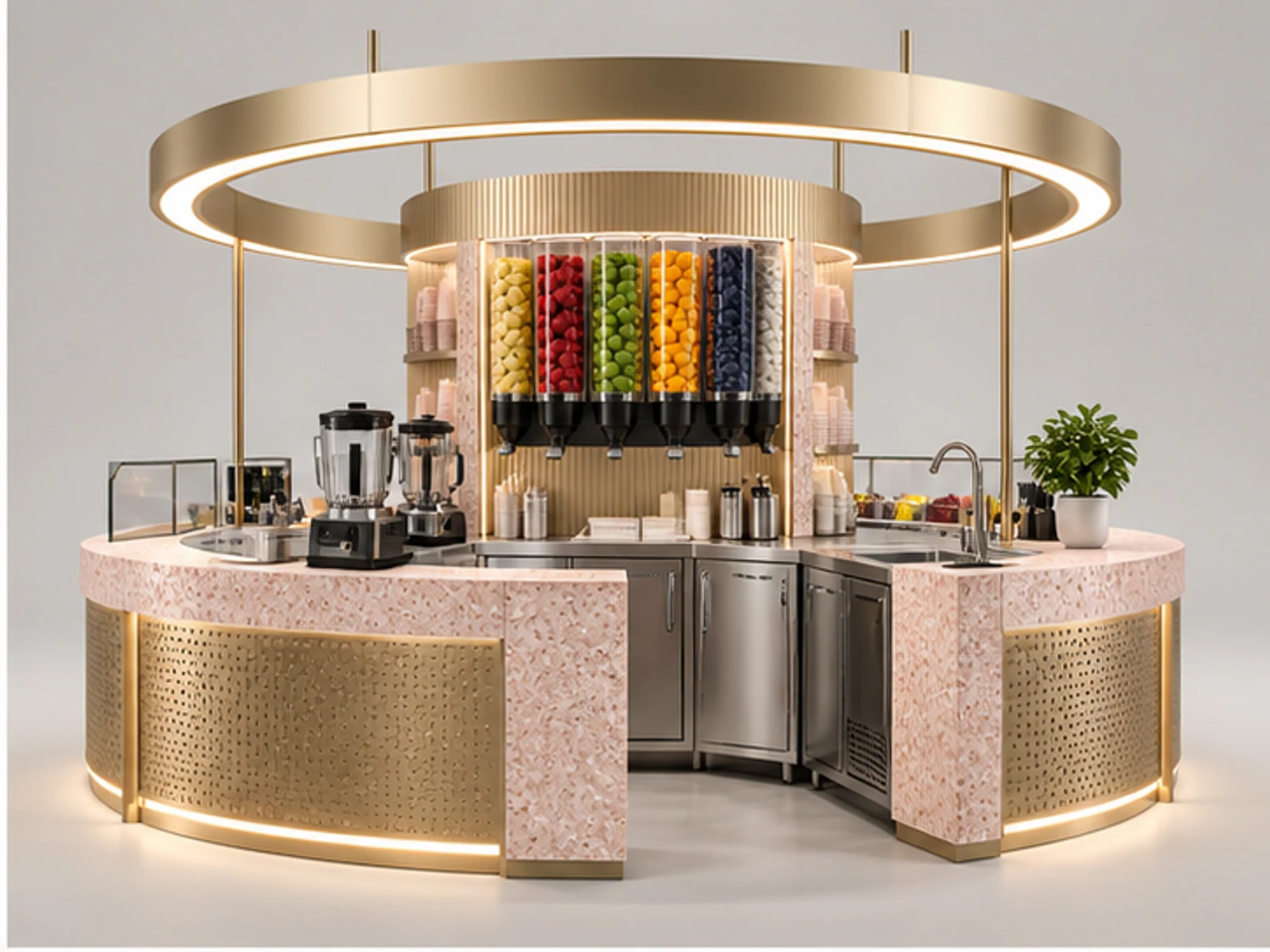 Round Smoothie Kiosk with Central Prep Zone opposite angle showing overall kiosk layout