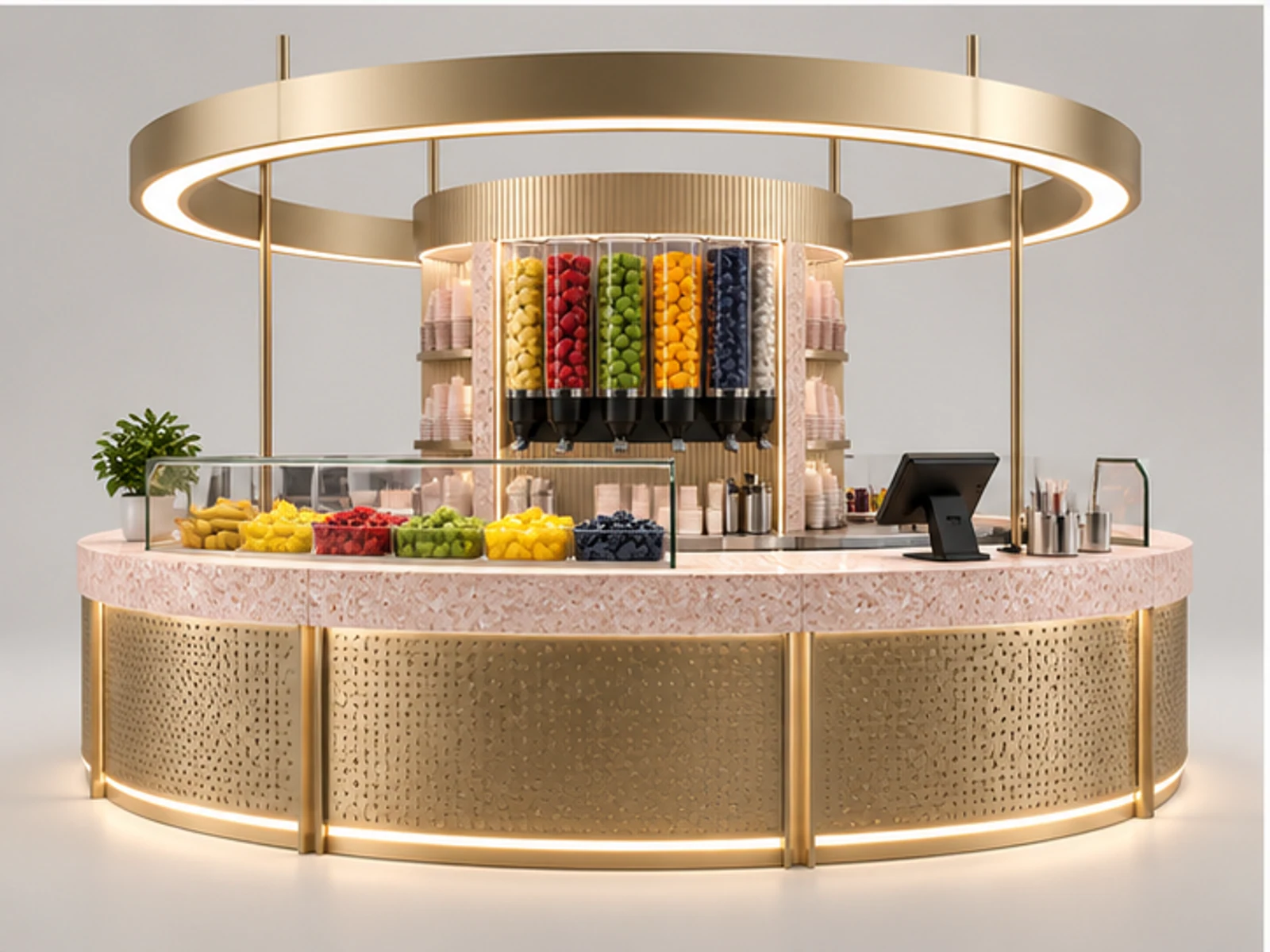 Round Smoothie Kiosk with Central Prep Zone customer-facing display and service counter