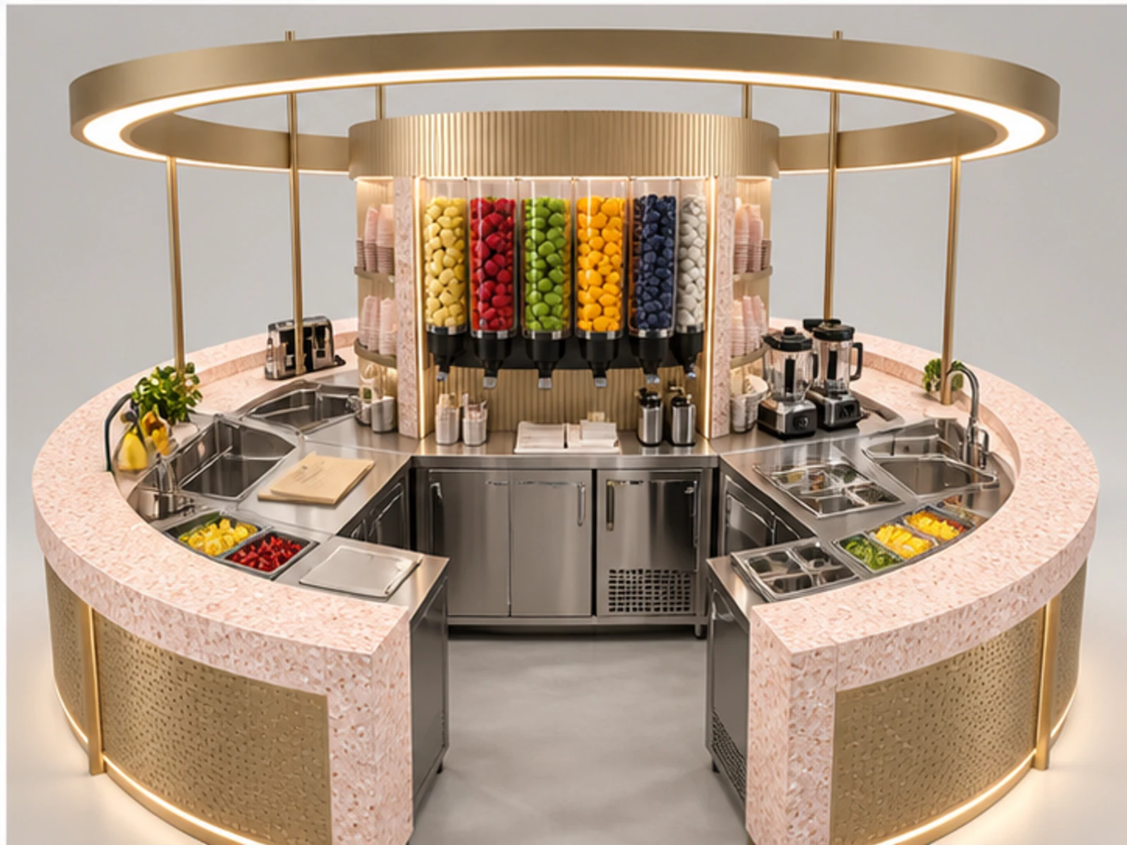 Round Smoothie Kiosk with Central Prep Zone staff-side equipment and storage layout