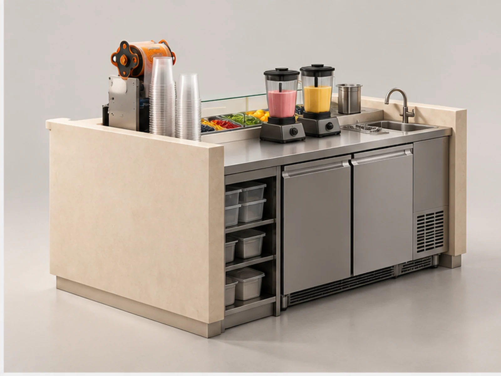 Small Smoothie Counter with Cup Sealing Station opposite angle showing overall kiosk layout