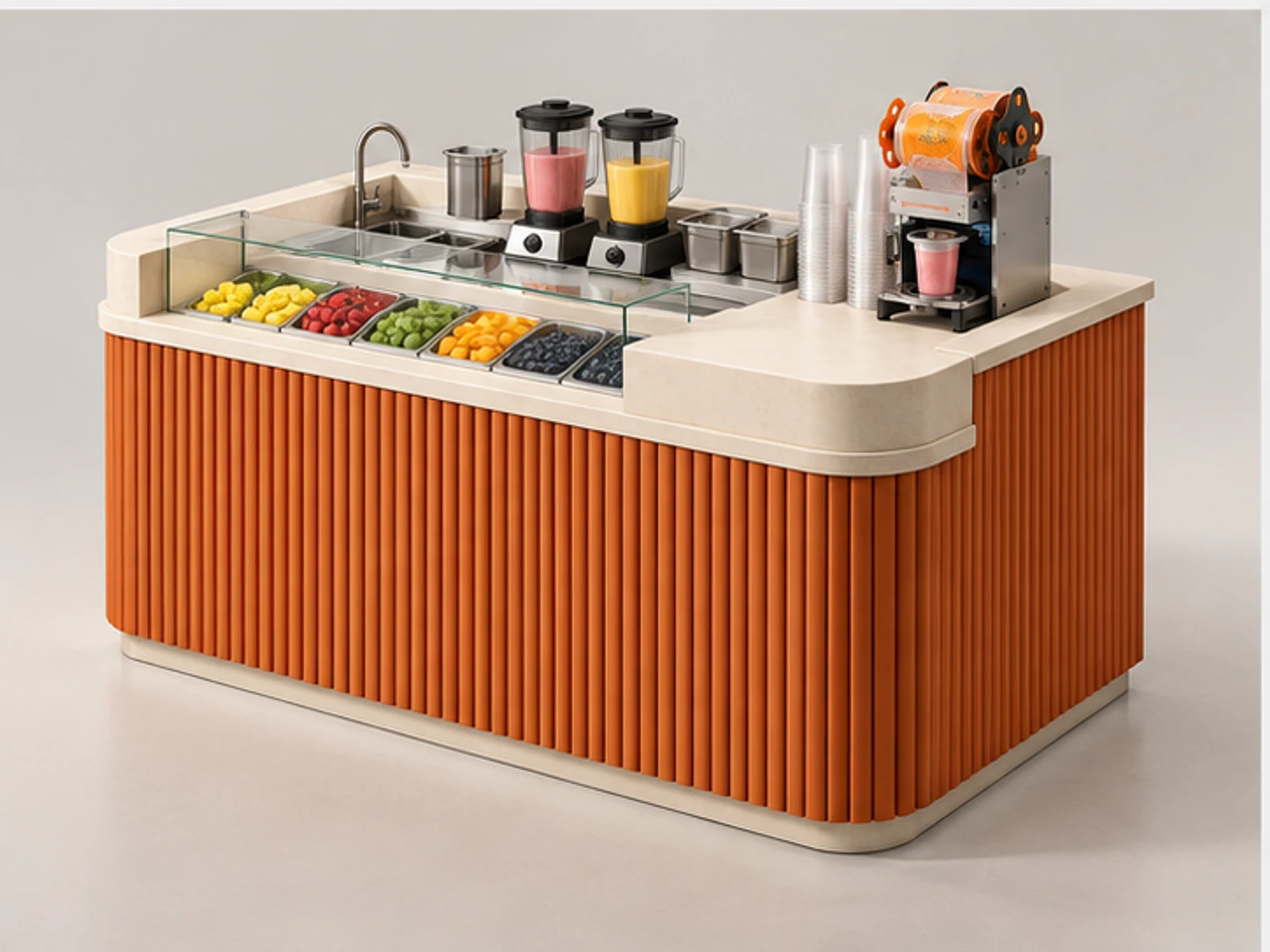 Small Smoothie Counter with Cup Sealing Station customer-facing display and service counter