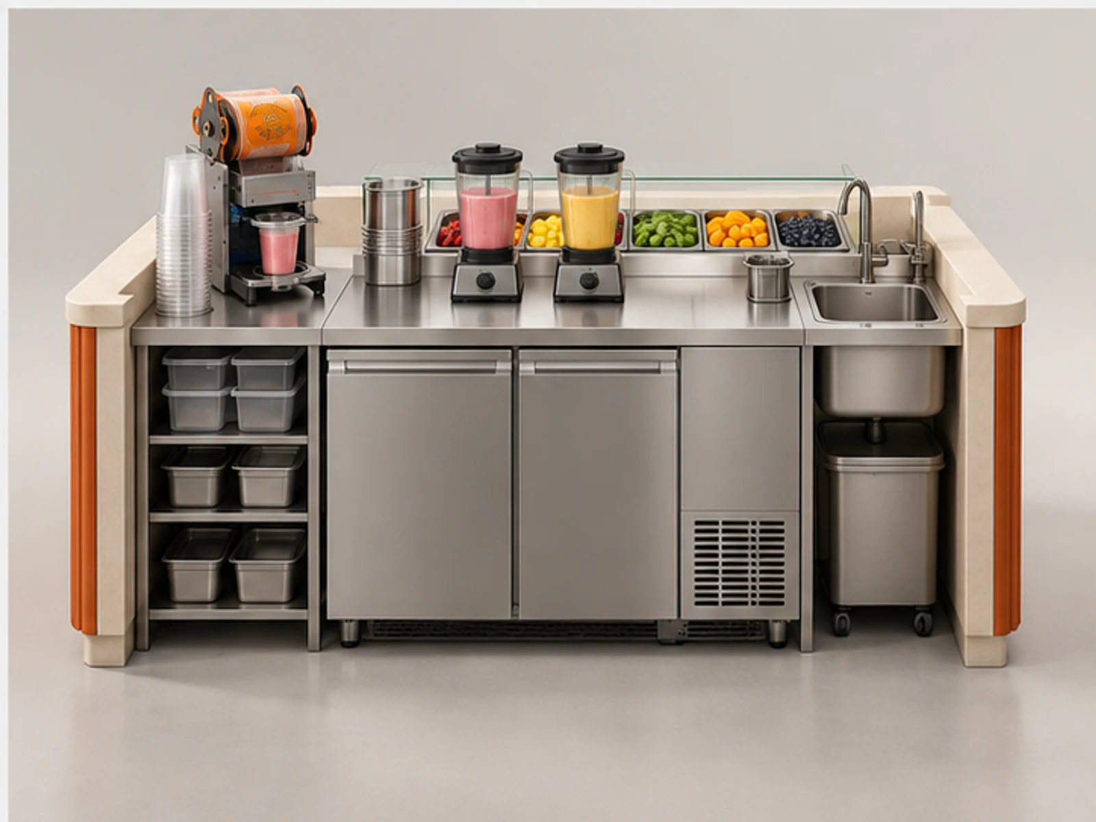 Small Smoothie Counter with Cup Sealing Station staff-side equipment and storage layout