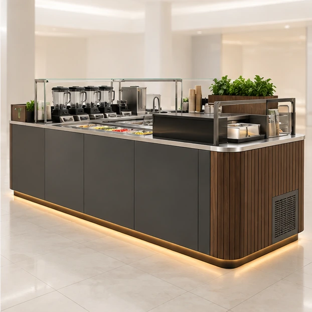 Smoothie and Acai Bowl Kiosk with Chilled Topping Rail opposite angle showing its complete footprint and display layout