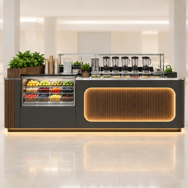 Smoothie and Acai Bowl Kiosk with Chilled Topping Rail customer-facing service and display view
