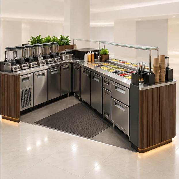 Smoothie and Acai Bowl Kiosk with Chilled Topping Rail operator-side equipment, access, and storage view