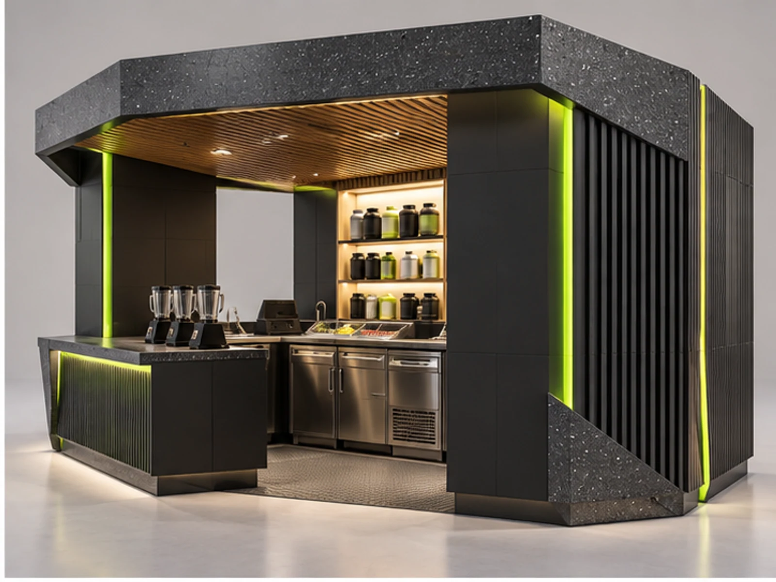Smoothie Kiosk with Protein and Supplement Display opposite angle showing overall kiosk layout