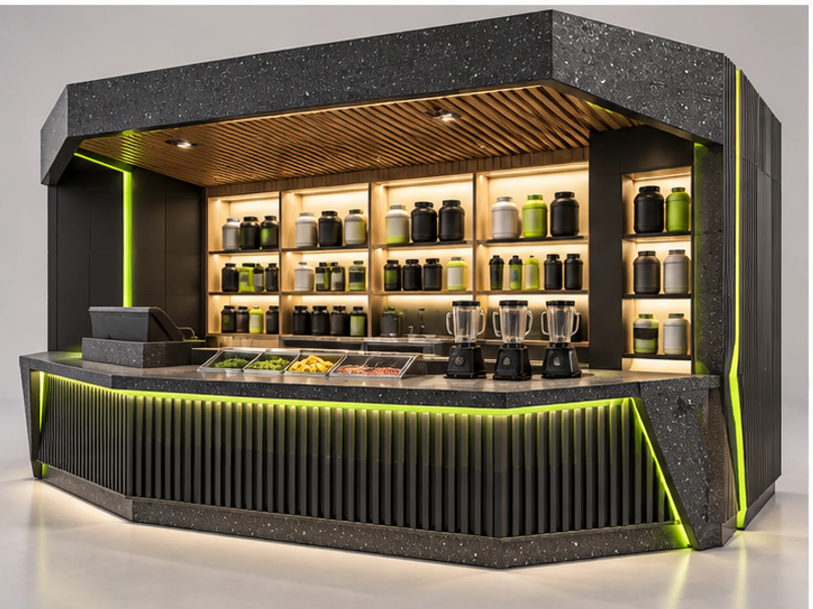 Smoothie Kiosk with Protein and Supplement Display customer-facing display and service counter