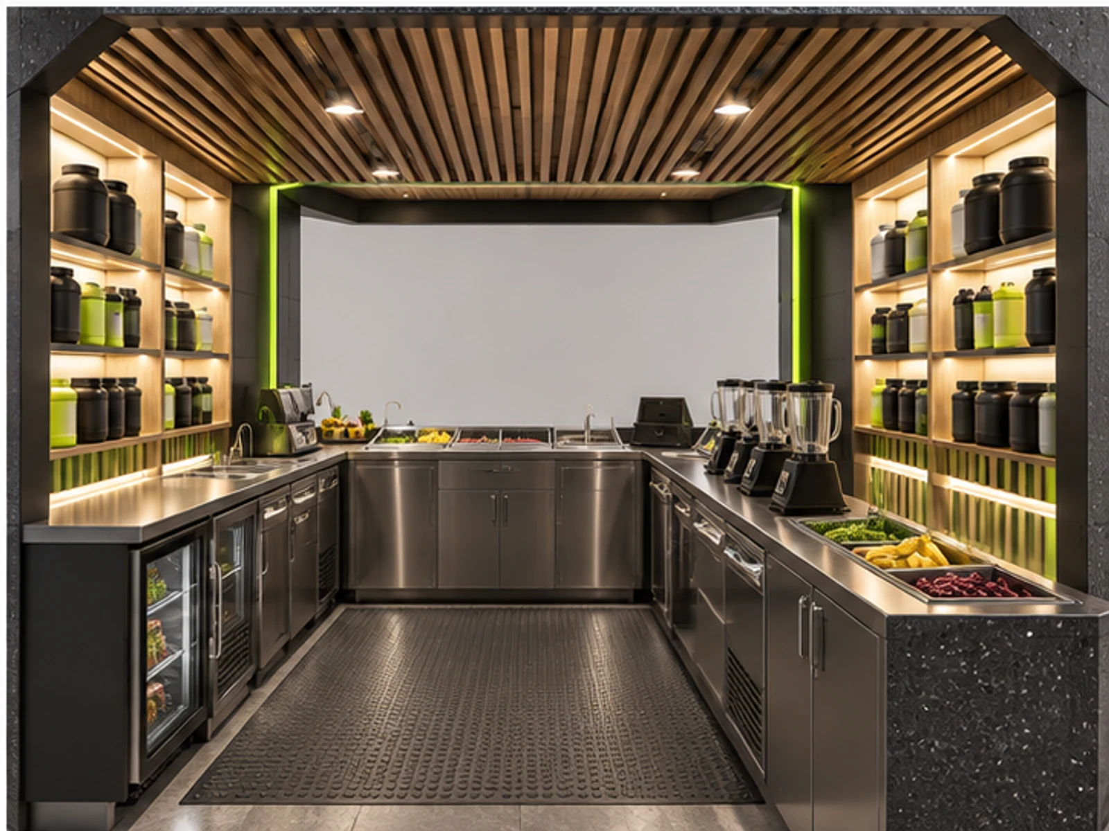 Smoothie Kiosk with Protein and Supplement Display staff-side equipment and storage layout