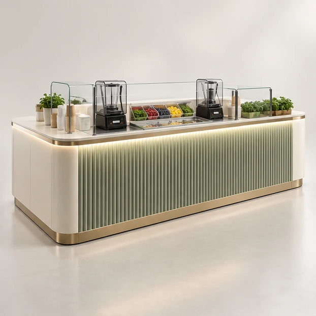Smoothie Kiosk with Twin Blender Workstations opposite angle showing its complete footprint and display layout