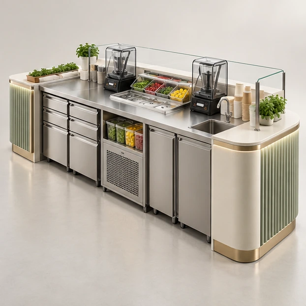 Smoothie Kiosk with Twin Blender Workstations operator-side equipment, access, and storage view