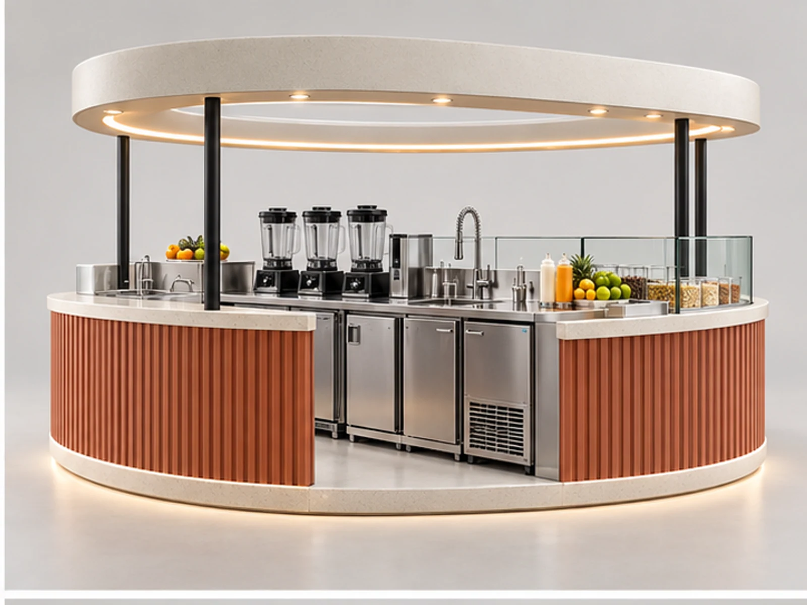 Turnkey Smoothie Kiosk Manufacturer Design opposite angle showing overall kiosk layout