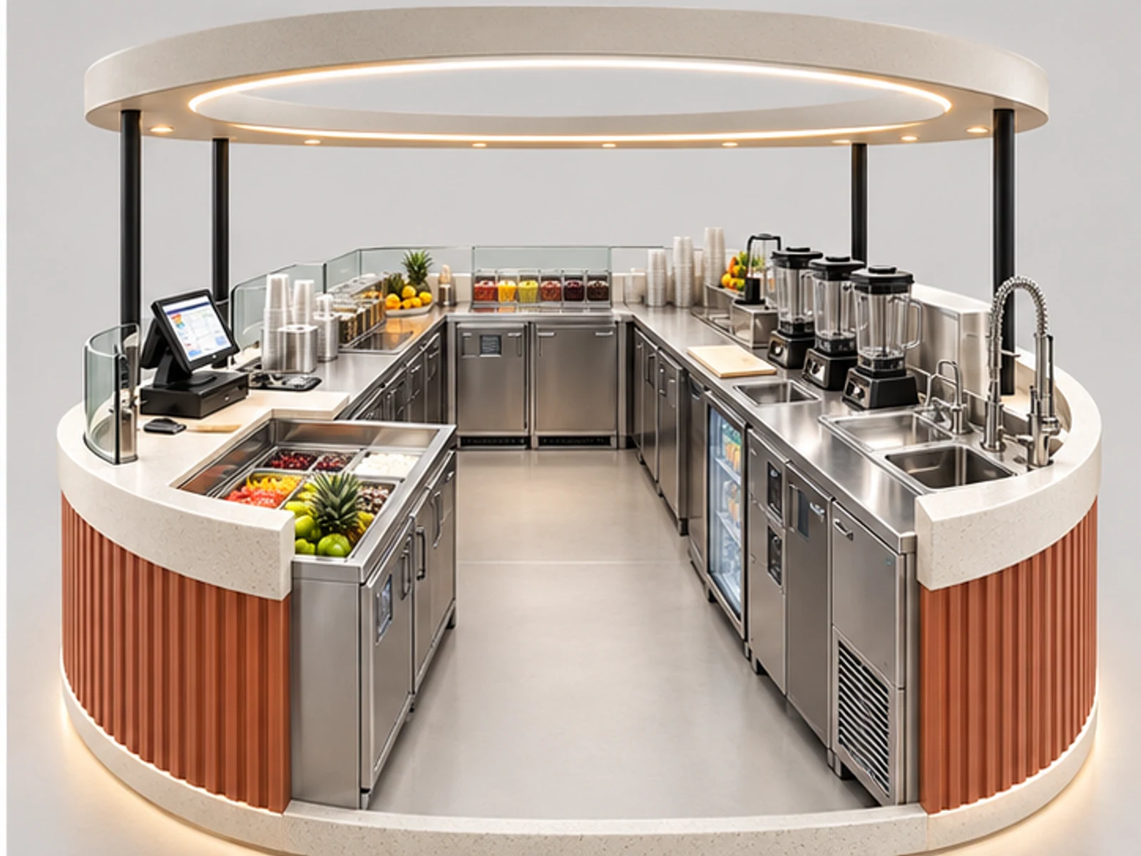 Turnkey Smoothie Kiosk Manufacturer Design staff-side equipment and storage layout