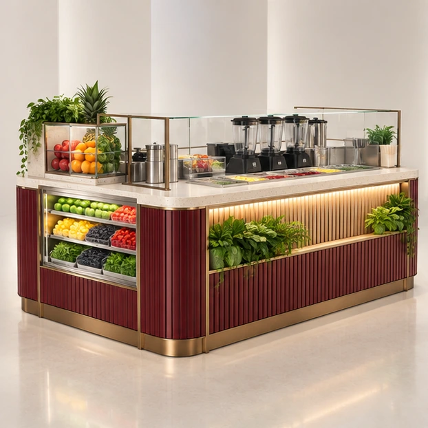 Wood-Accent Smoothie Kiosk with Concealed Utility Storage main three-quarter product rendering