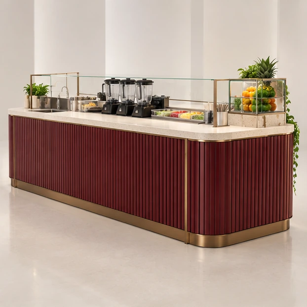 Wood-Accent Smoothie Kiosk with Concealed Utility Storage opposite angle showing its complete footprint and display layout