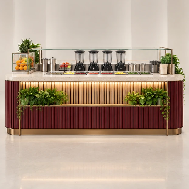 Wood-Accent Smoothie Kiosk with Concealed Utility Storage customer-facing service and display view