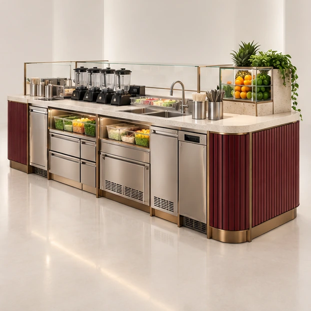 Wood-Accent Smoothie Kiosk with Concealed Utility Storage operator-side equipment, access, and storage view