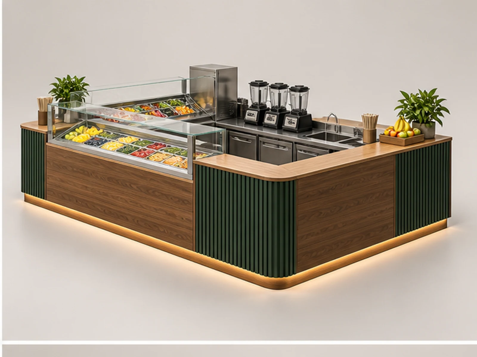 Wood Smoothie Kiosk with Refrigerated Counter opposite angle showing overall kiosk layout