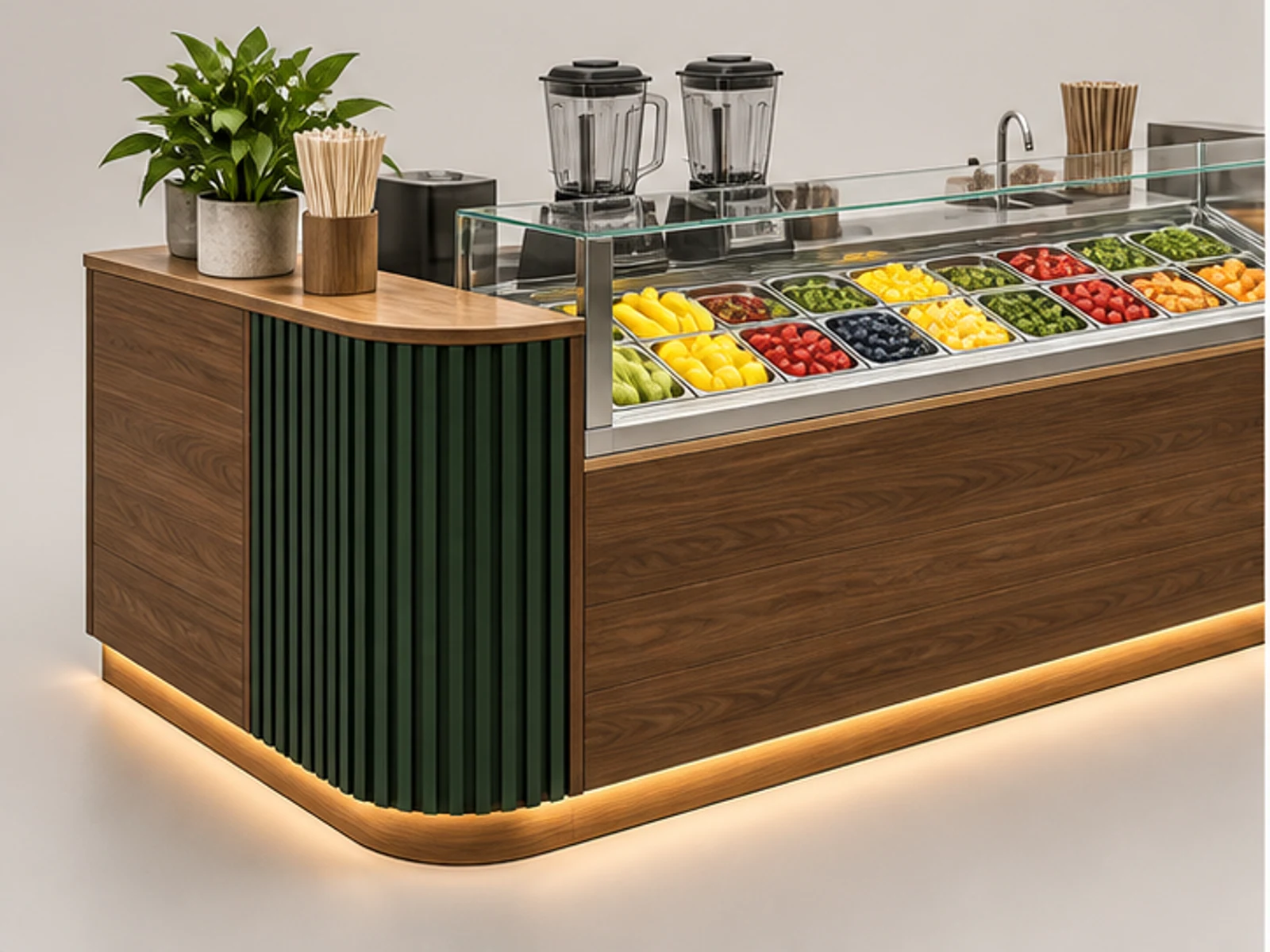 Wood Smoothie Kiosk with Refrigerated Counter customer-facing display and service counter