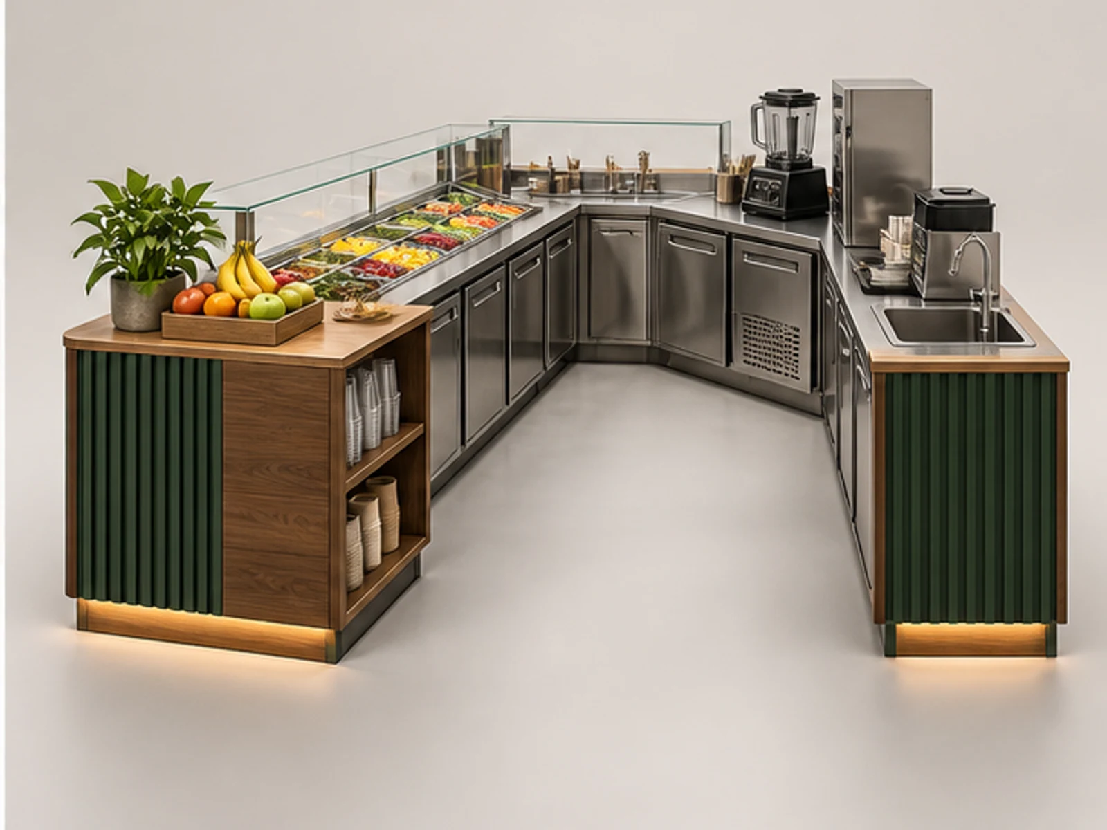 Wood Smoothie Kiosk with Refrigerated Counter staff-side equipment and storage layout