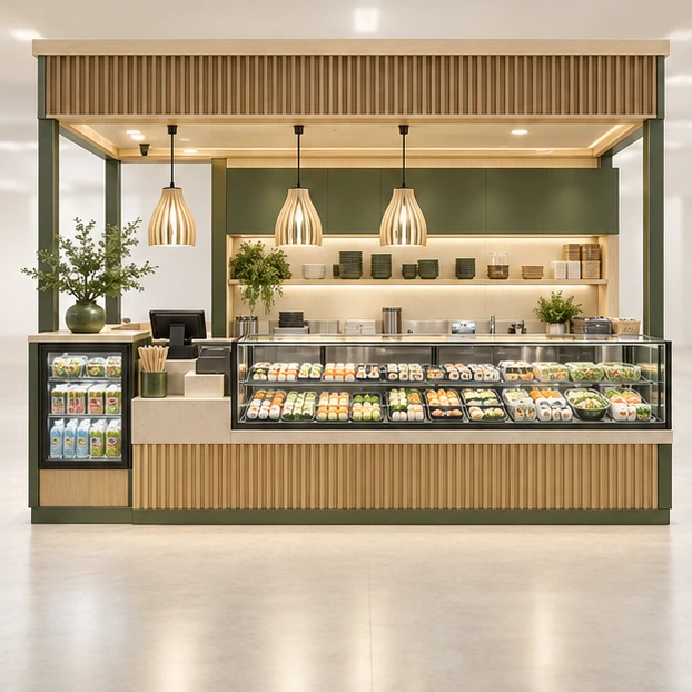 Airport Sushi Kiosk with Fast Pickup Counter customer-facing service and display view
