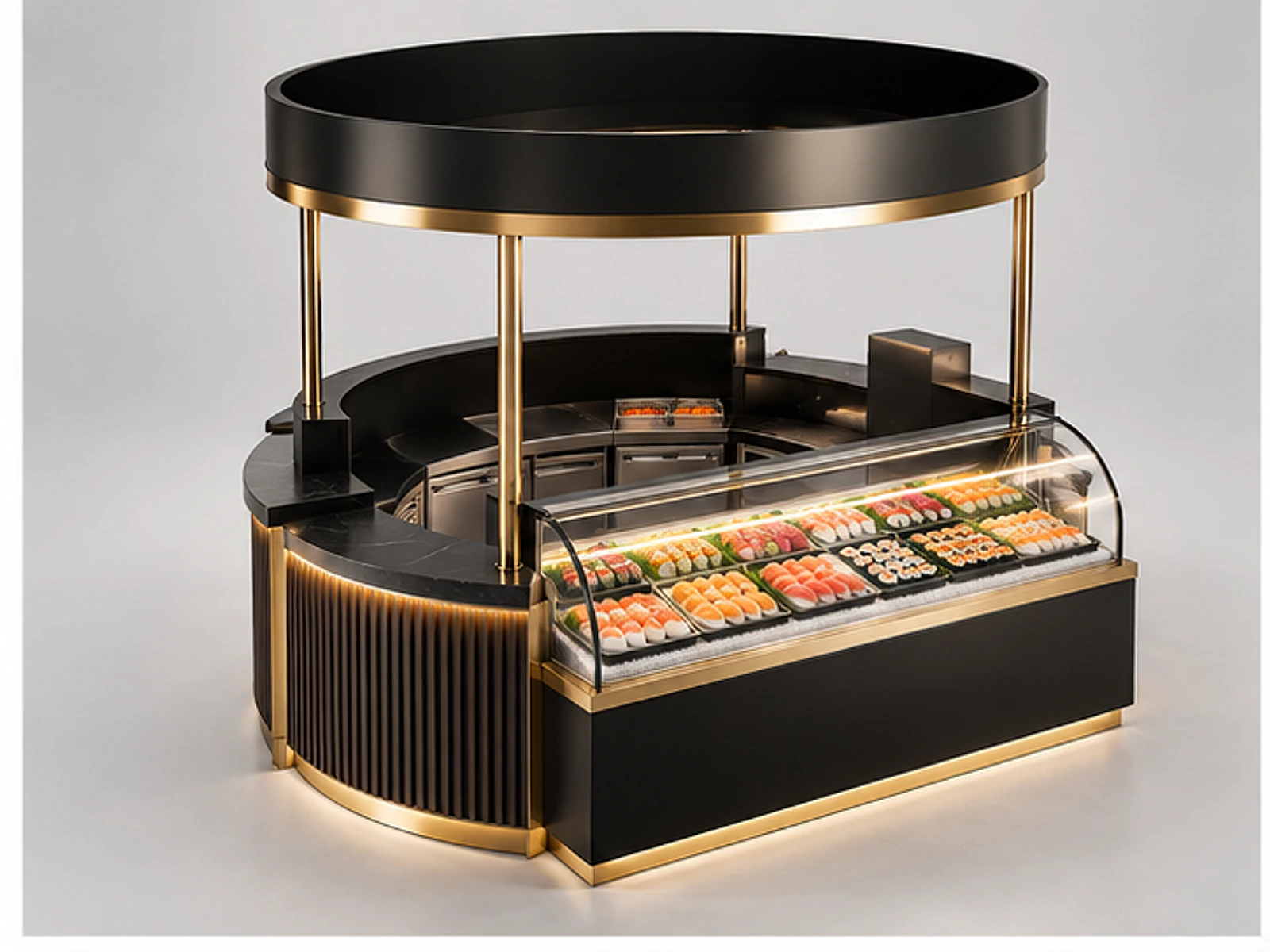 Black Gold Sushi Kiosk with Glass Showcase main three-quarter product view