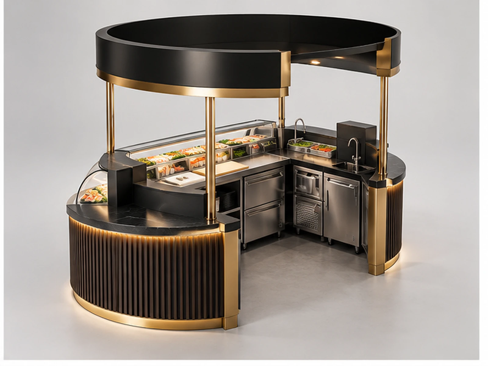 Black Gold Sushi Kiosk with Glass Showcase opposite angle showing overall kiosk layout