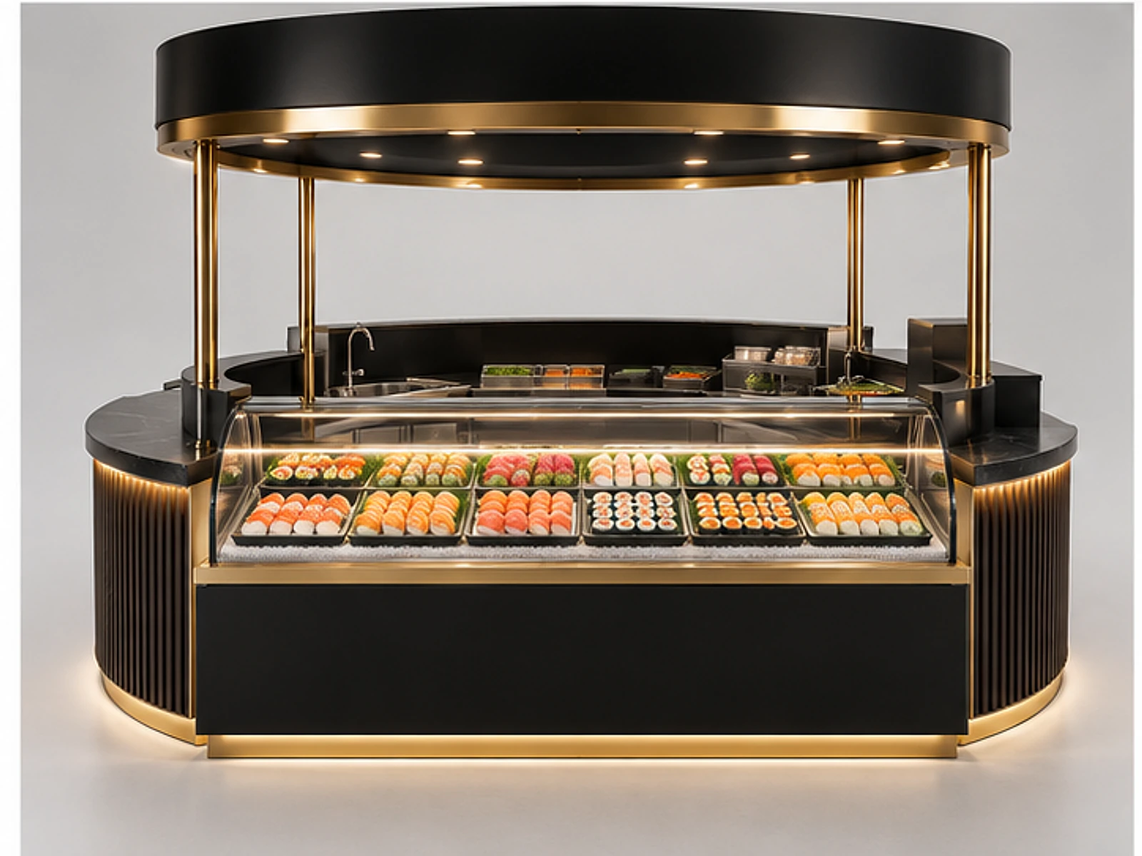 Black Gold Sushi Kiosk with Glass Showcase customer-facing display and service counter