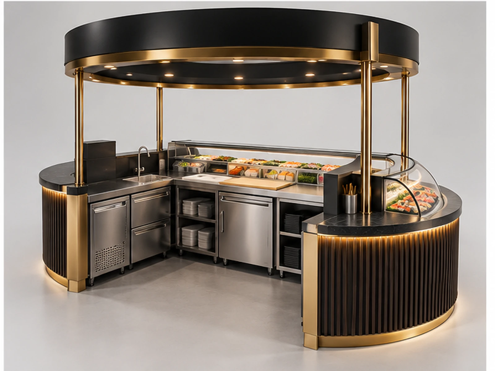 Black Gold Sushi Kiosk with Glass Showcase staff-side equipment and storage layout