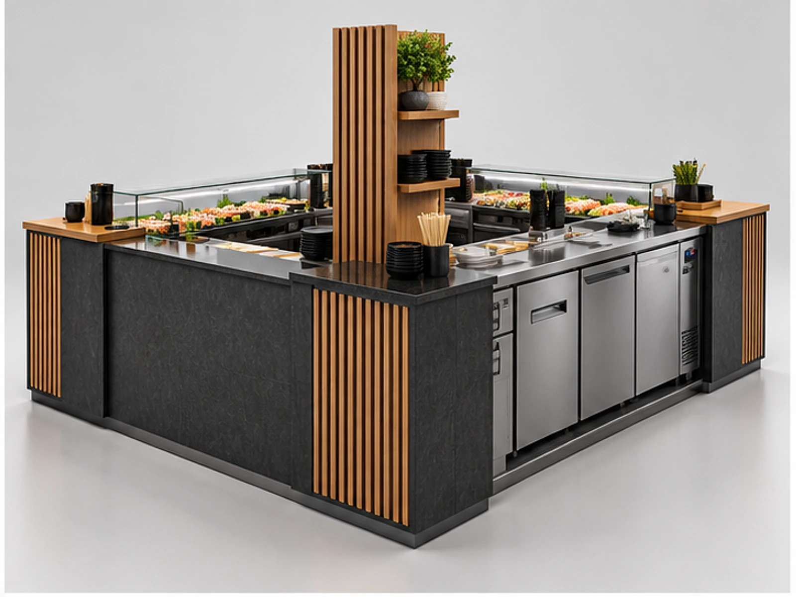 Commercial Sushi Booth with Cold-Holding Counter opposite angle showing overall kiosk layout