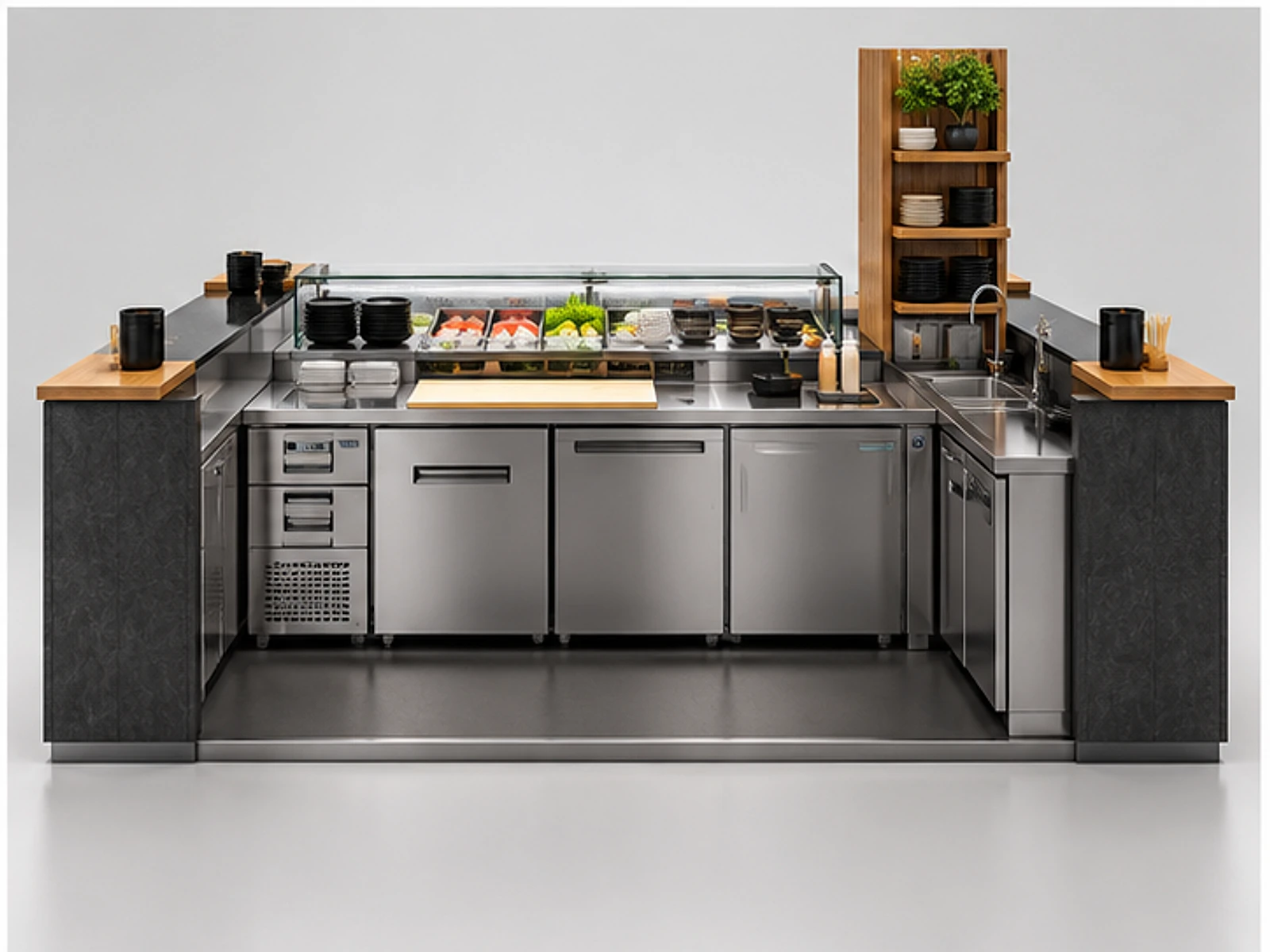 Commercial Sushi Booth with Cold-Holding Counter staff-side equipment and storage layout