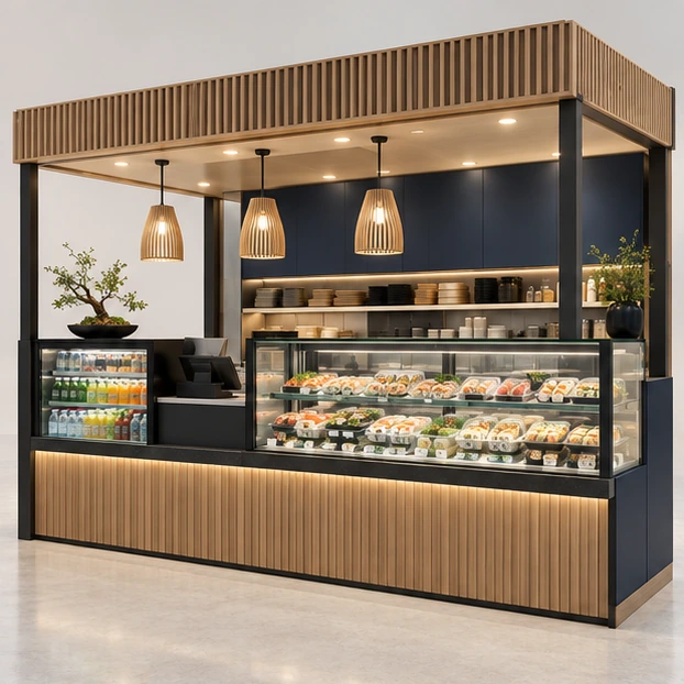 Compact Mall Sushi Counter with Grab-and-Go Fridge main three-quarter product rendering