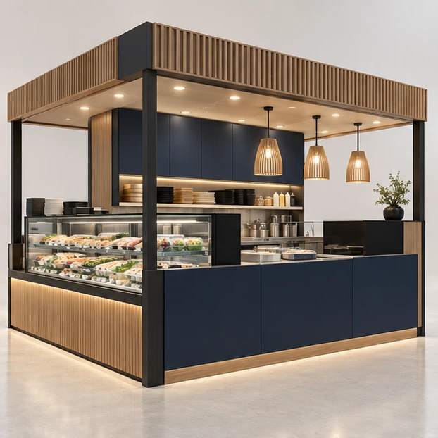 Compact Mall Sushi Counter with Grab-and-Go Fridge opposite angle showing its complete footprint and display layout