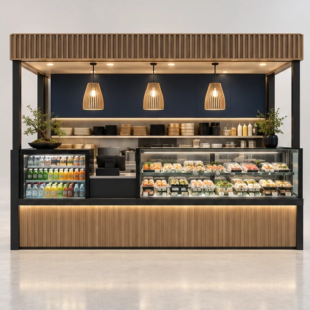 Compact Mall Sushi Counter with Grab-and-Go Fridge customer-facing service and display view