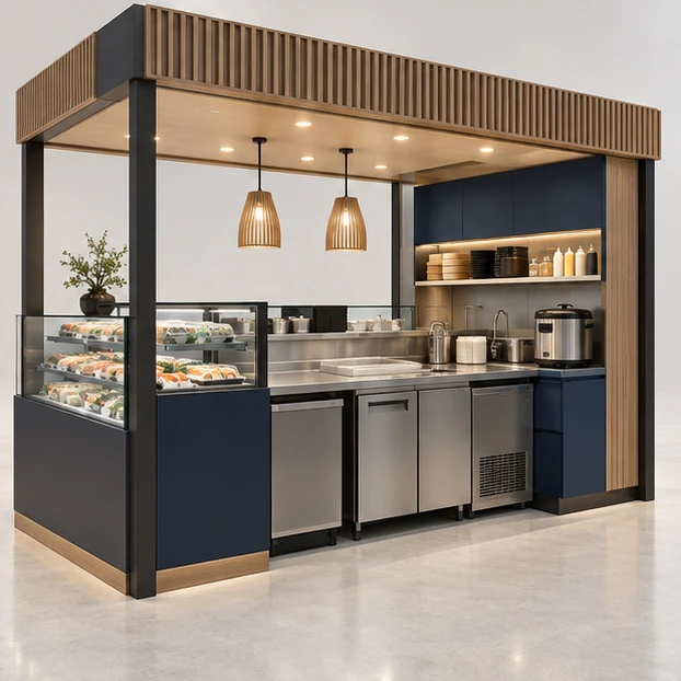 Compact Mall Sushi Counter with Grab-and-Go Fridge operator-side equipment, access, and storage view