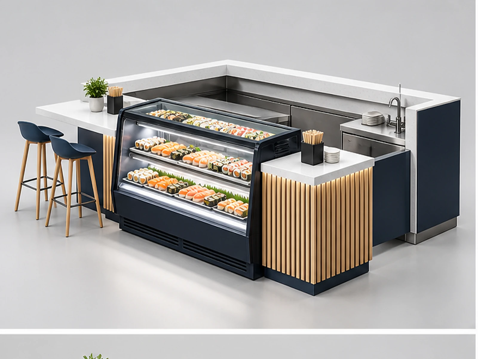 Compact Mall Sushi Kiosk with Cold Storage main three-quarter product view