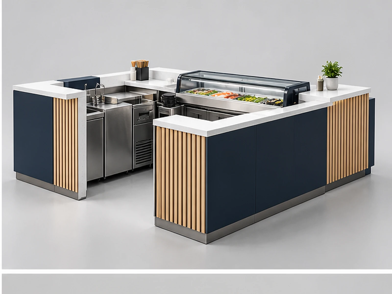 Compact Mall Sushi Kiosk with Cold Storage opposite angle showing overall kiosk layout