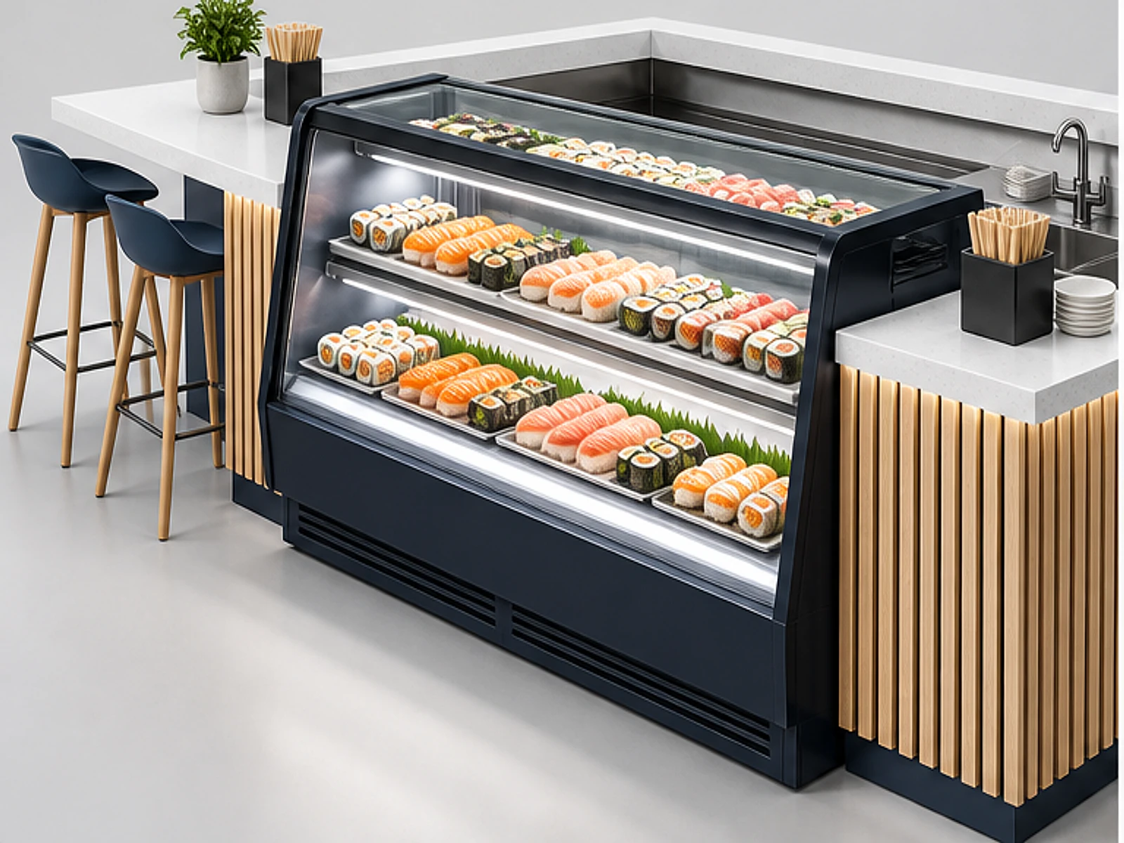 Compact Mall Sushi Kiosk with Cold Storage customer-facing display and service counter