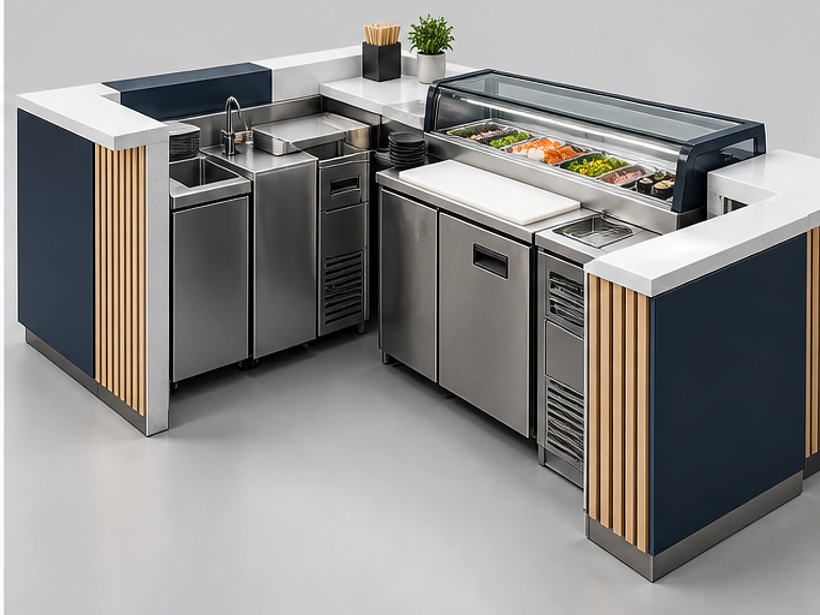 Compact Mall Sushi Kiosk with Cold Storage staff-side equipment and storage layout