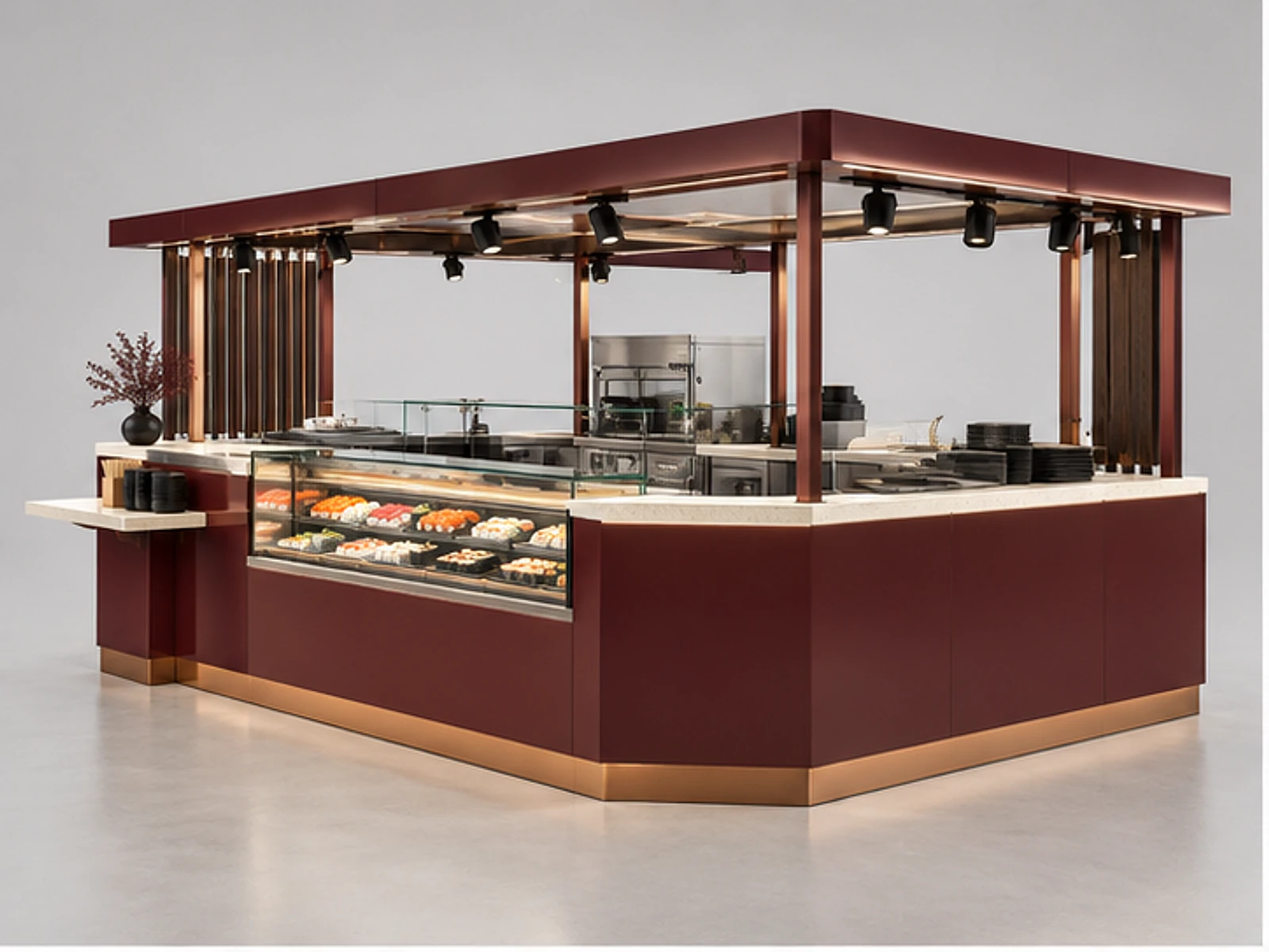 Corner Sushi Kiosk with Pickup Shelf main three-quarter product view
