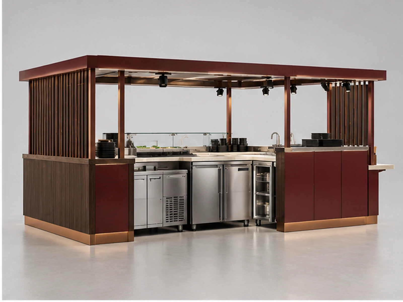 Corner Sushi Kiosk with Pickup Shelf opposite angle showing overall kiosk layout